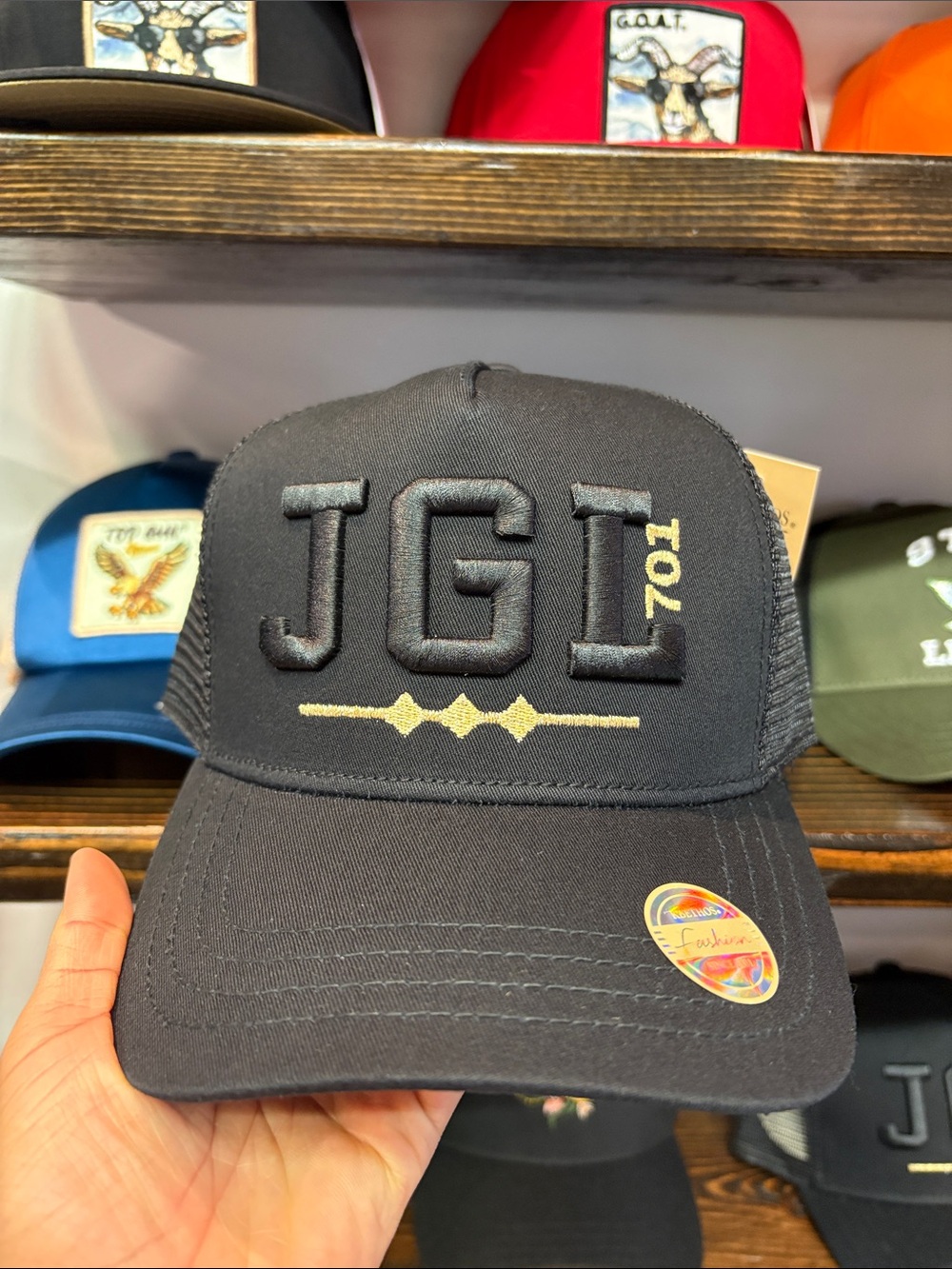 Black Trucker Hat with Gold Accent - JGL 701 Embroidery